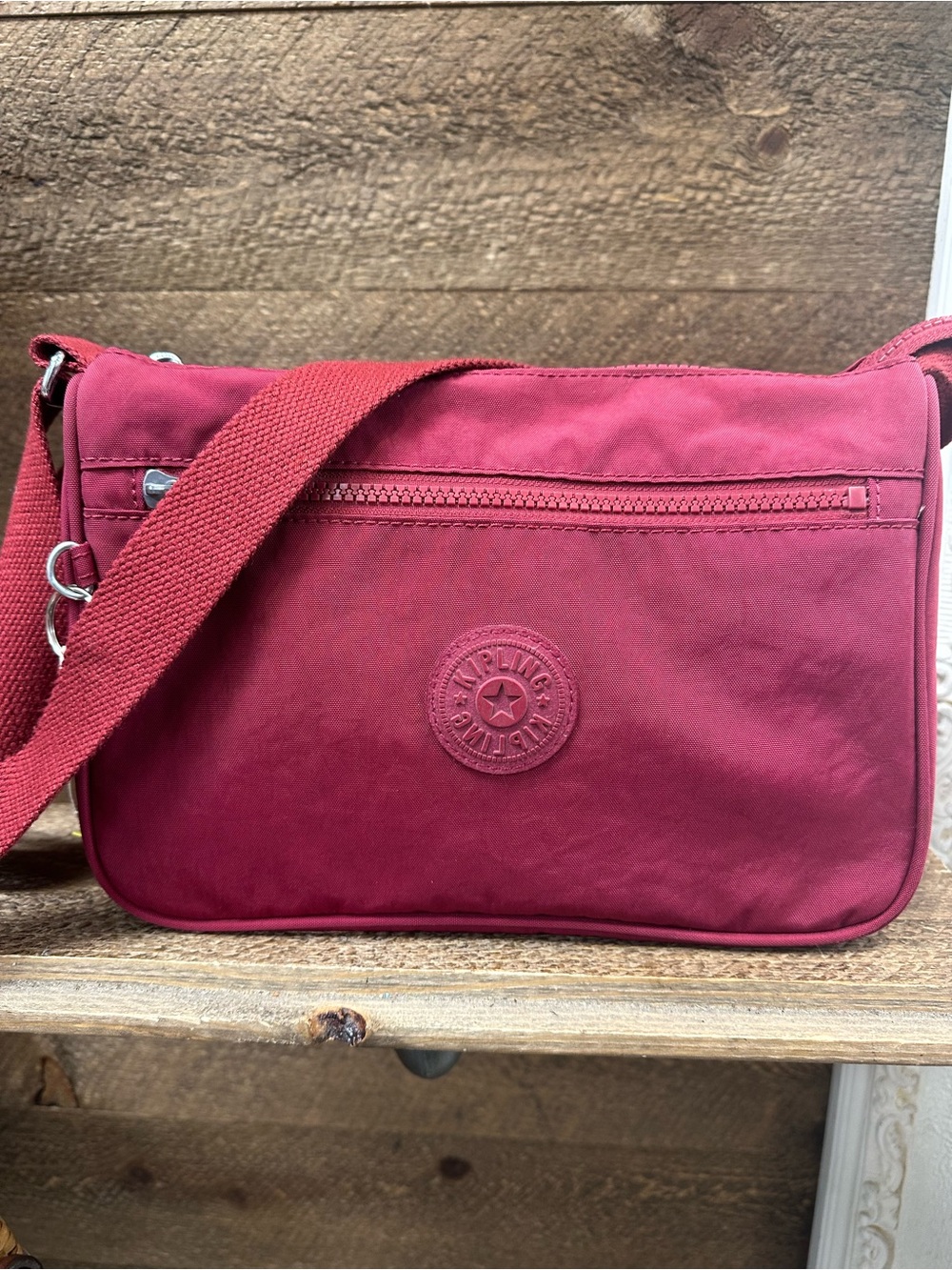 Kipling Burgundy Red Nylon Crossbody Bag Adjustable Strap Multi Pocket